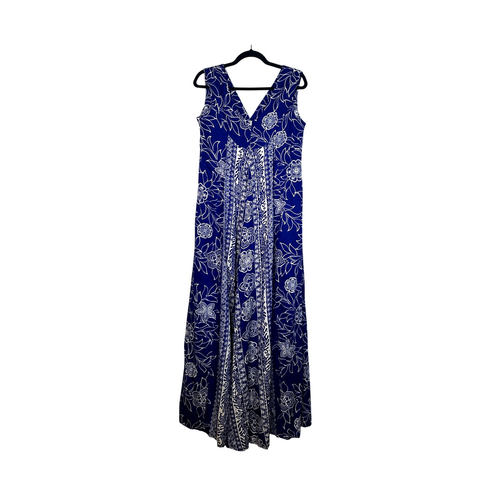 Mako M Hawaiian Vintage 1970s Floral Print Maxi Dress Polynesian Blue White Mumu - Picture 4 of 7